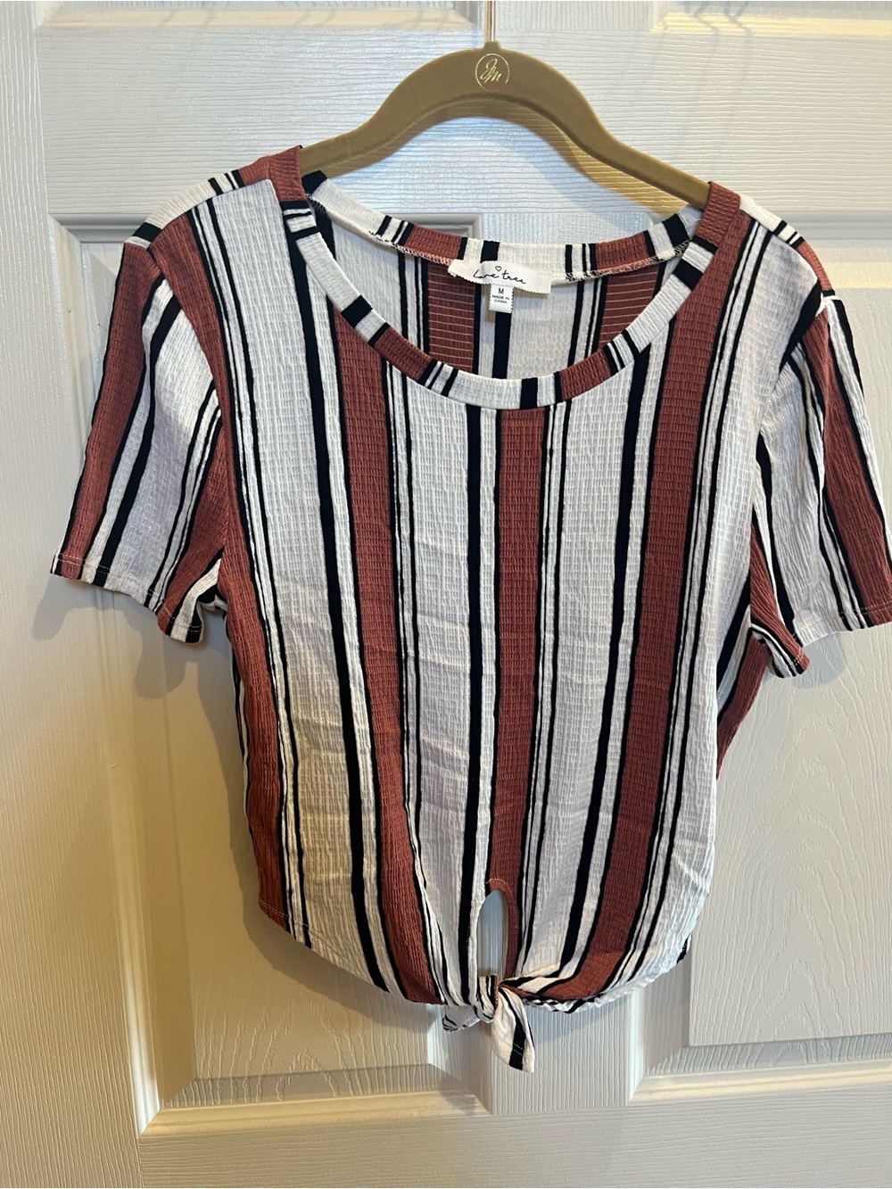 Love Tree Striped Tie-Front Crop Top in Rust, White & Black